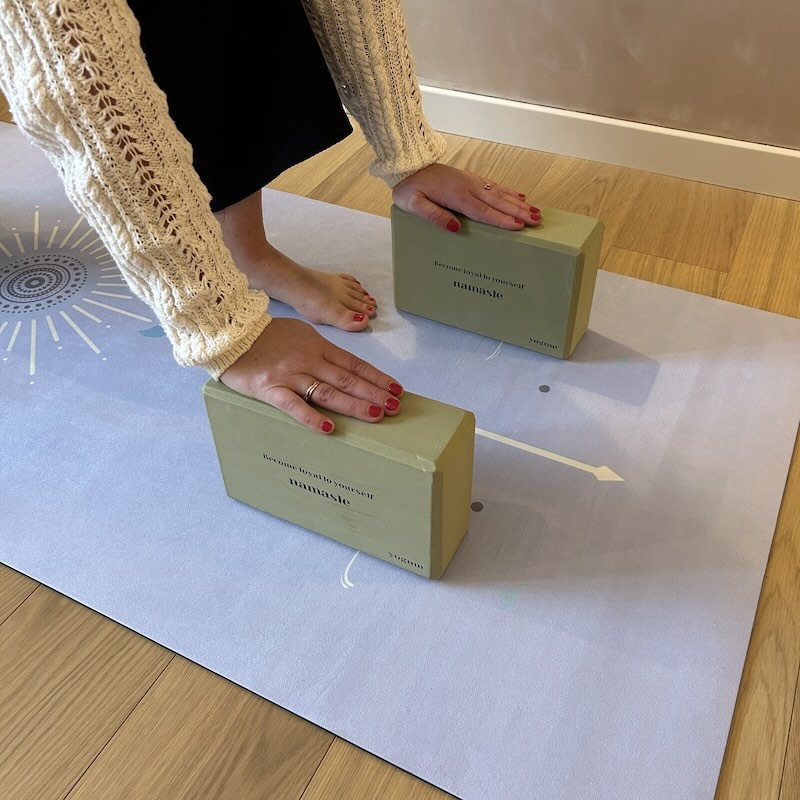 tapis de yoga Performance Yogom Astra mauve Yogom et brique de yoga en eva vert sauge